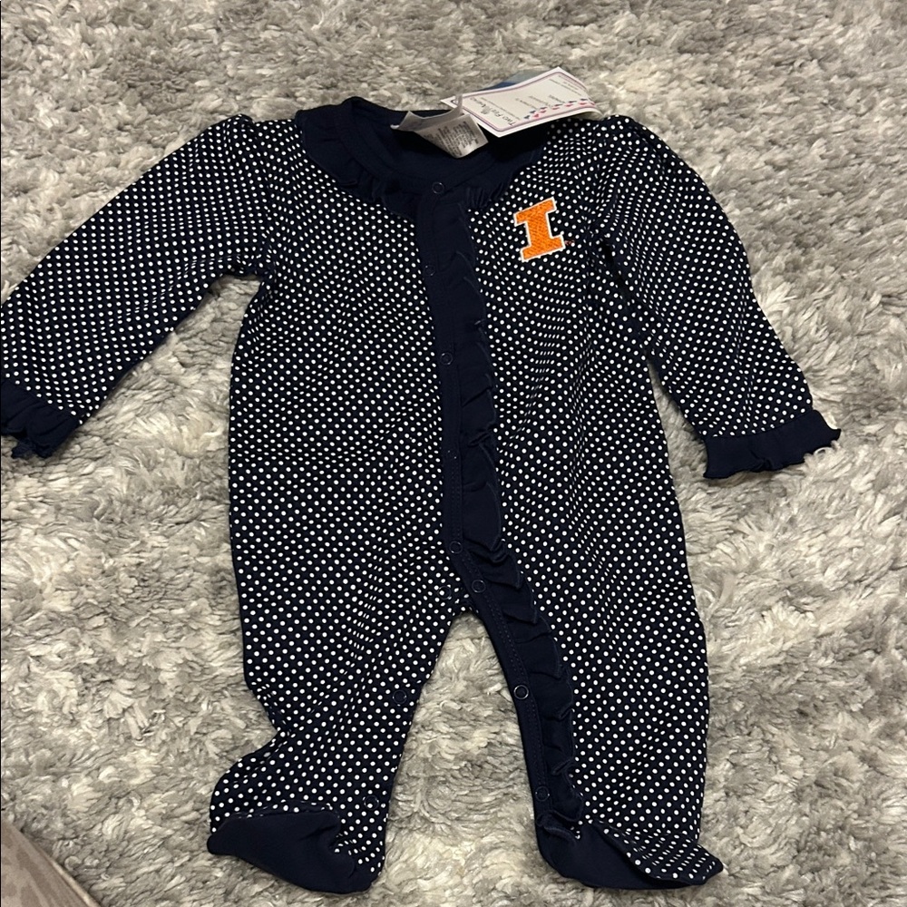 U of I Navy Polka Dot Kids Footie with Orange Initial